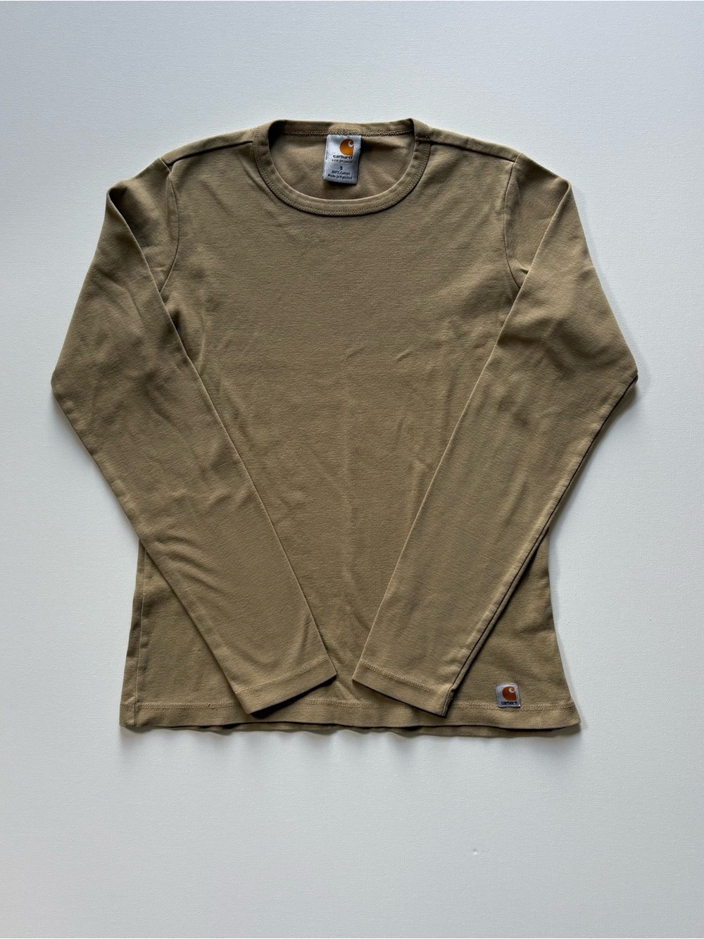 Carhartt Womens Small Long Sleeve Tan Khaki Crewneck Cotton Y2K Workwear